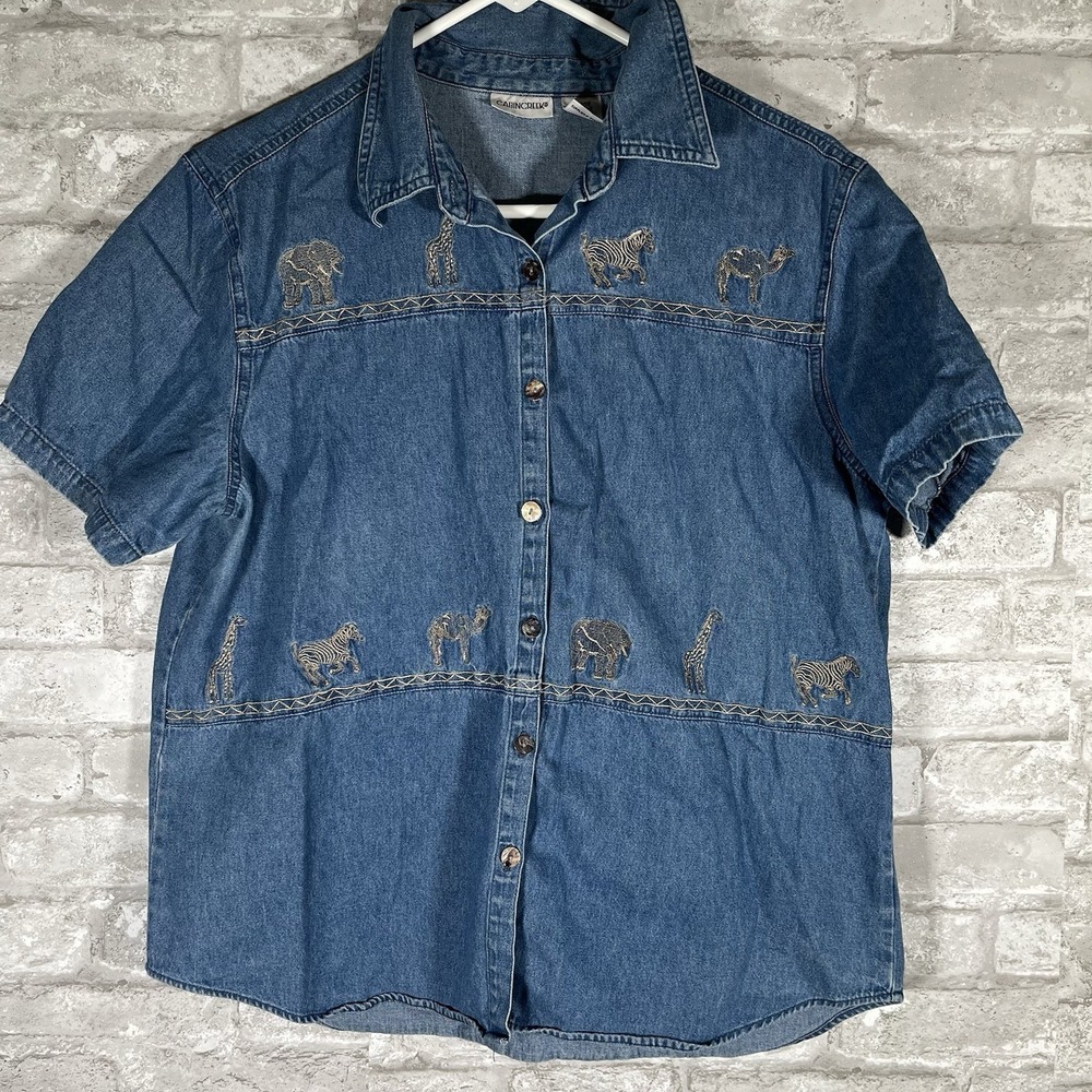 Cabin Creek Denim button-down shirt embroidered African safari animals Sz Large